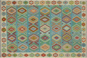 Flat Weave Kilim, Antique, Navaho, Vintage, Handmade, Geometric Kilim Blue Beige Hand-Woven Rectangle 100% Wool Area Rug 8 x 9
